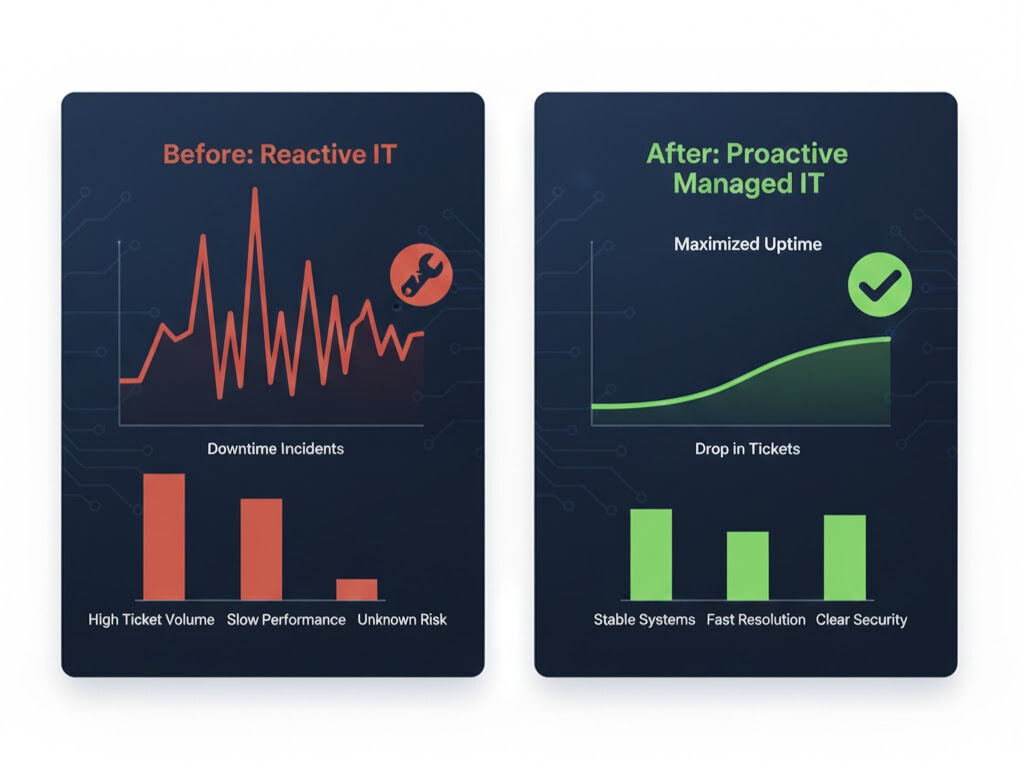Before and after chart showing significant reduction in business downtime and recurring helpdesk issues after 60-90 days of Managed IT services.