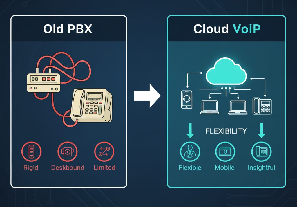 Infographic comparing Old PBX phone systems (rigid, deskbound, limited) to Modern Cloud VoIP (flexible, mobile, insightful) for North Carolina teams.