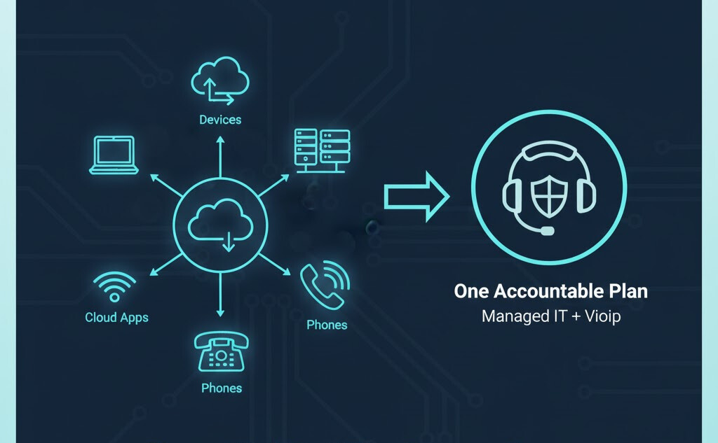 Diagram showing Devices, Cloud Apps, Servers, and Phones all connecting to a central cloud, then leading to "One Accountable Plan: Managed IT + VoIP," illustrating unified support.
