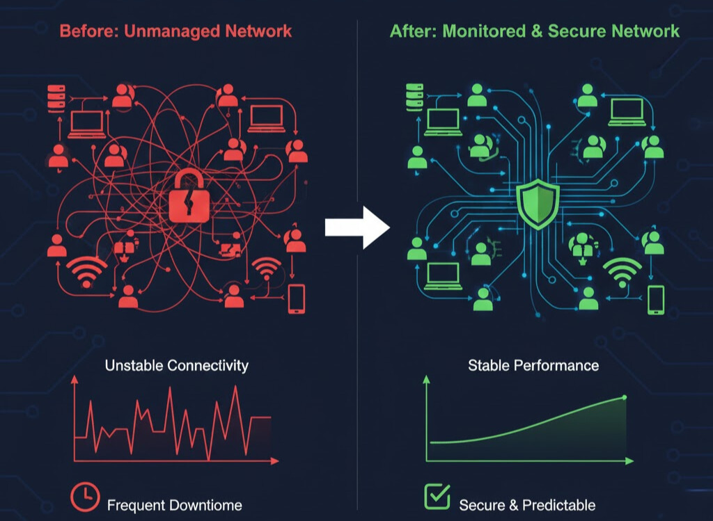 Before and After graphic comparing an unmanaged network (slow, dropped calls, unstable) to a monitored network (fast, predictable, stable connectivity, and secure remote access).