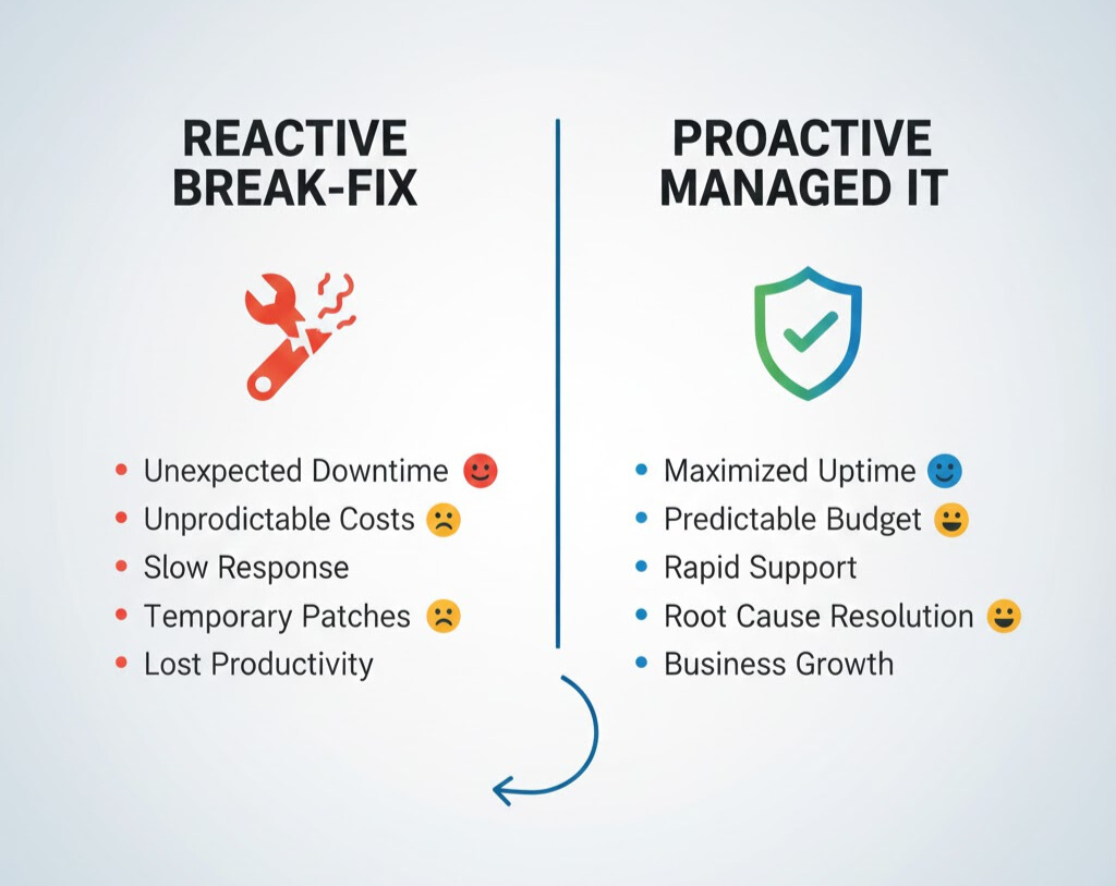 Graphic comparing Reactive Break-Fix IT (high downtime, unpredictable cost) to Proactive Managed IT Services (less downtime, predictable monthly budgeting).