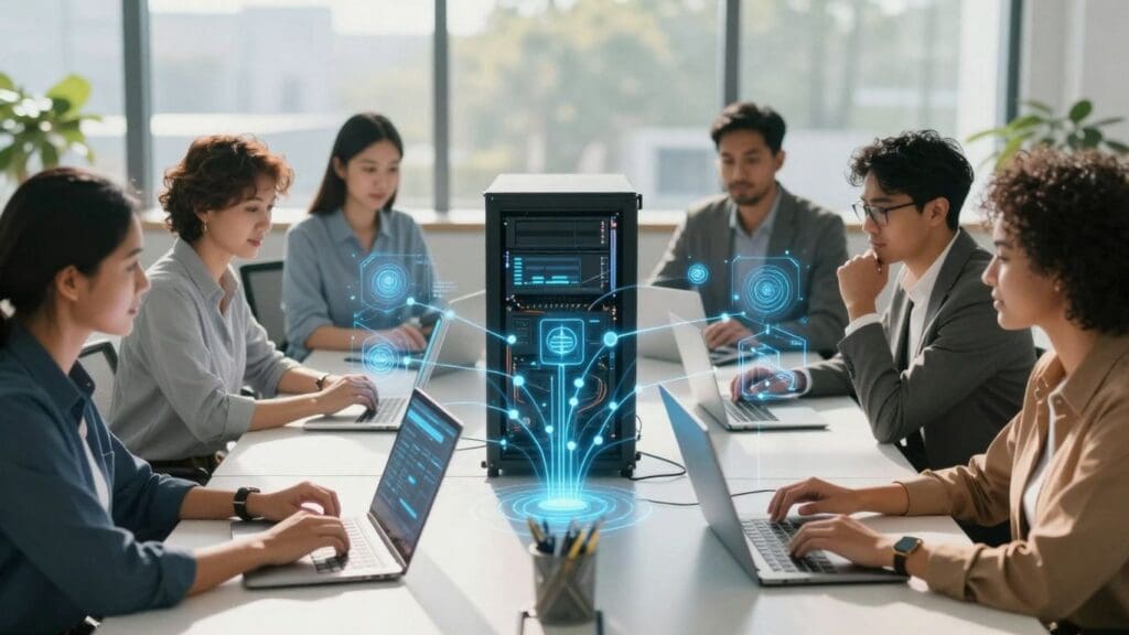 Team working with technology and digital connections.