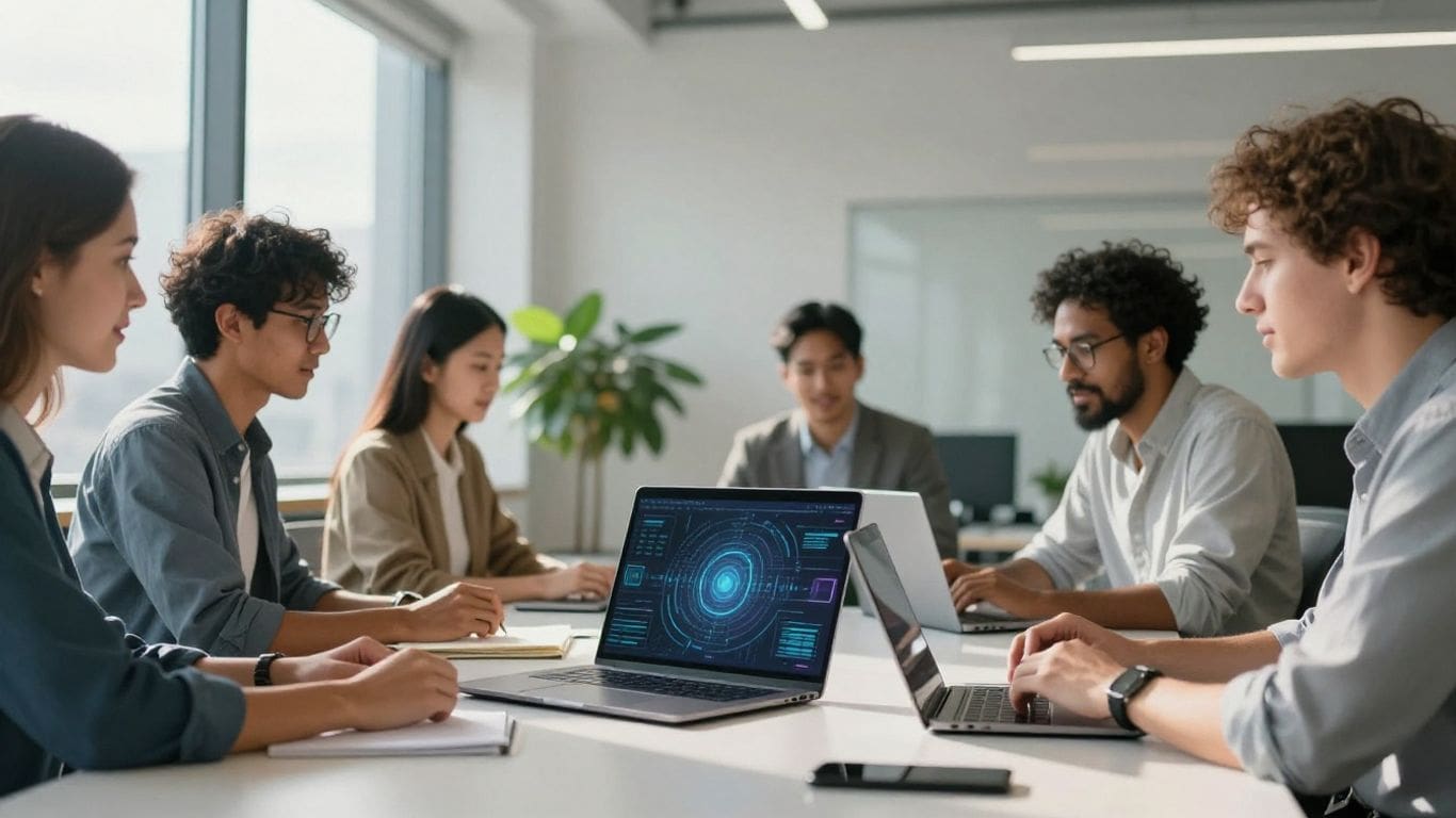 Team meeting with laptops in modern office
