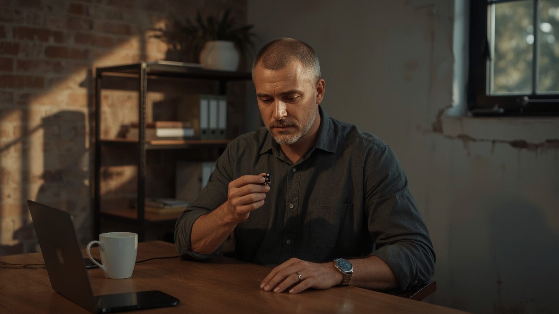Business professional examining hardware security key for multi-factor authentication setup