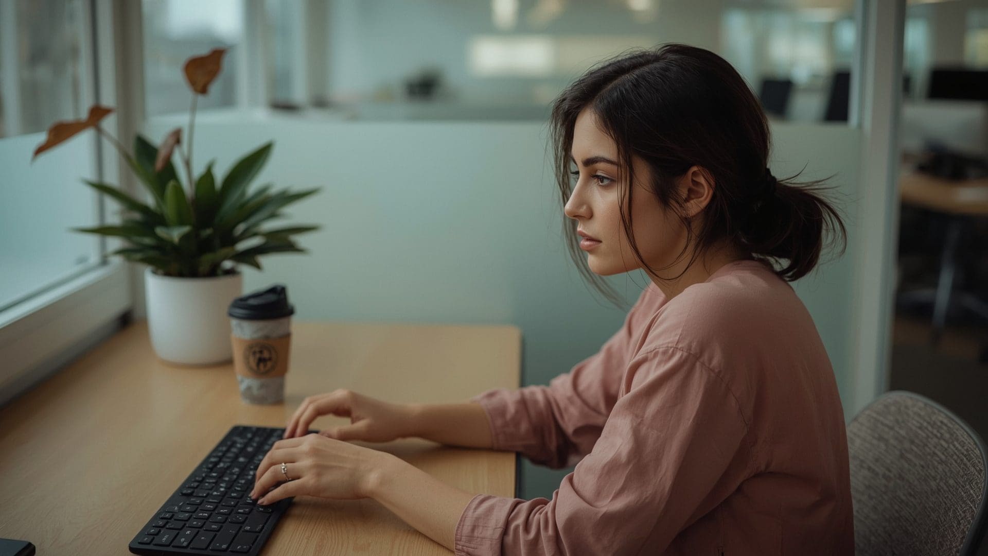 Employee pausing before approving multi-factor authentication push notification at office desk