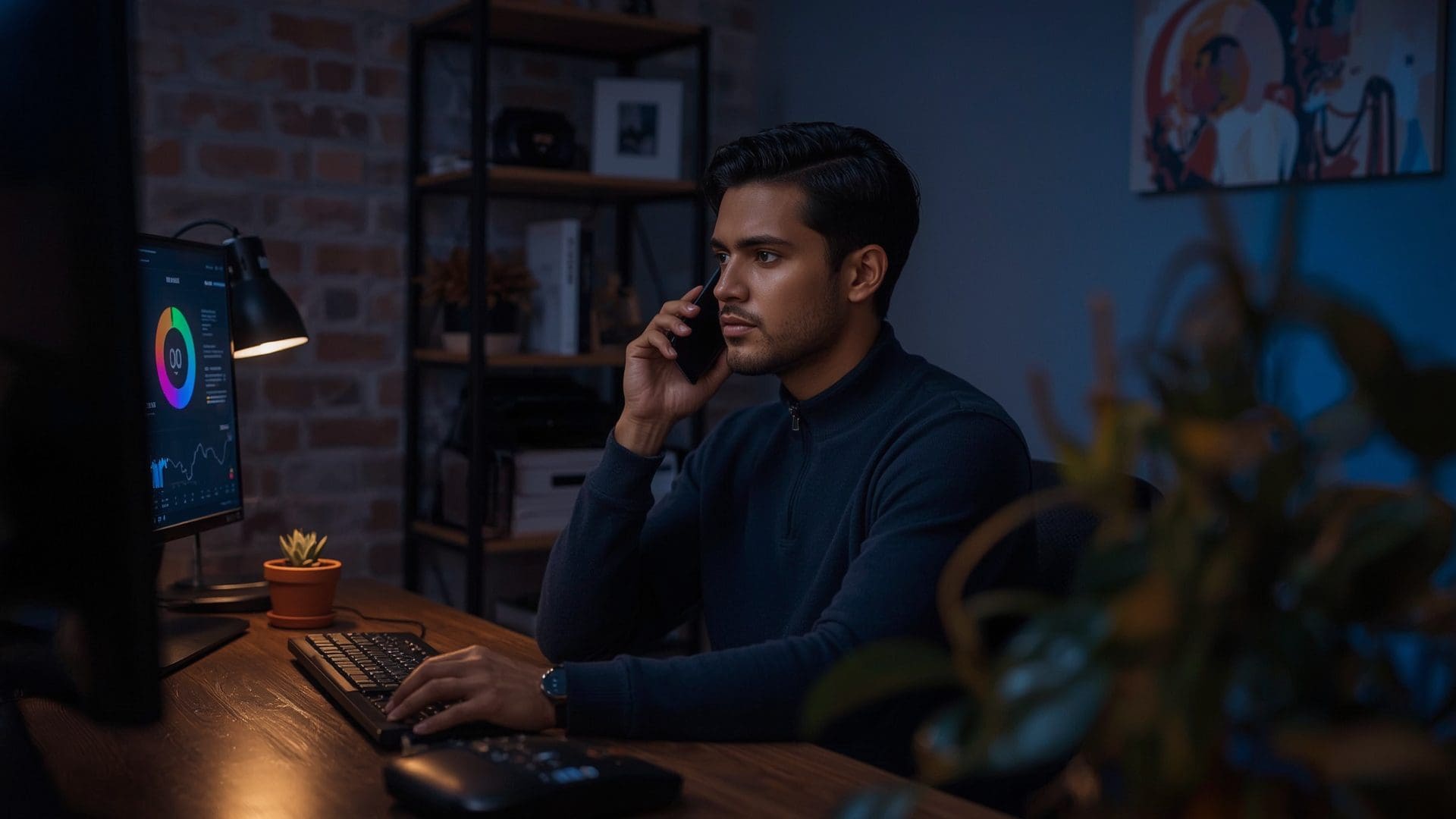 IT support technician providing remote help desk assistance via phone and computer from home office