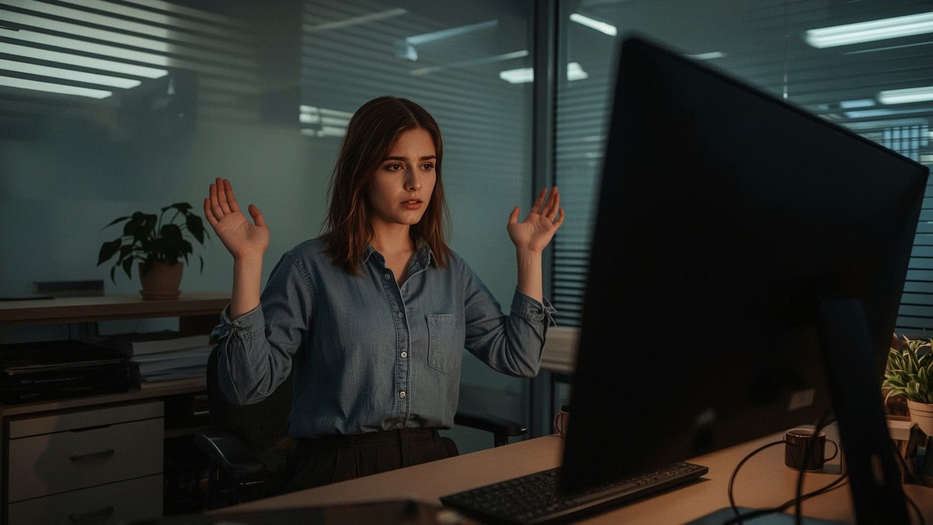 Small business employee frustrated by unresolved IT technical support issue at office desk