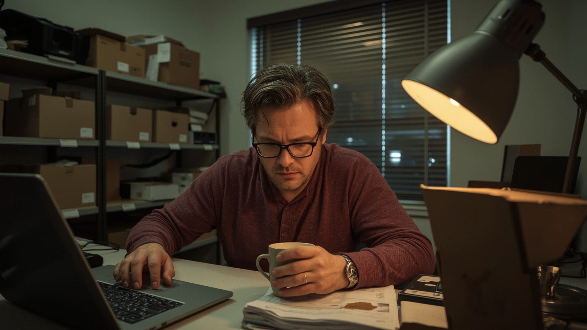 Small business owner reviewing cybersecurity concerns at cluttered back office desk