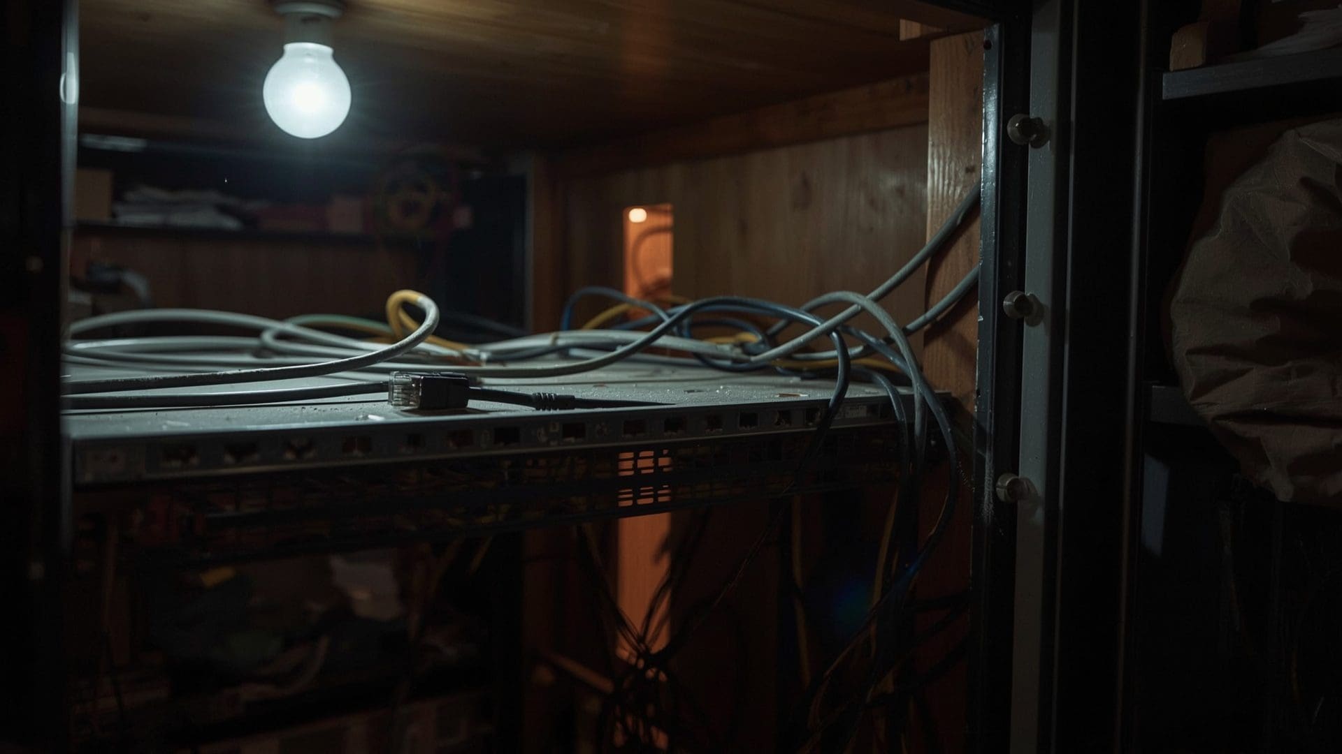 Unsecured small business server rack with tangled cables revealing common cybersecurity vulnerabilities
