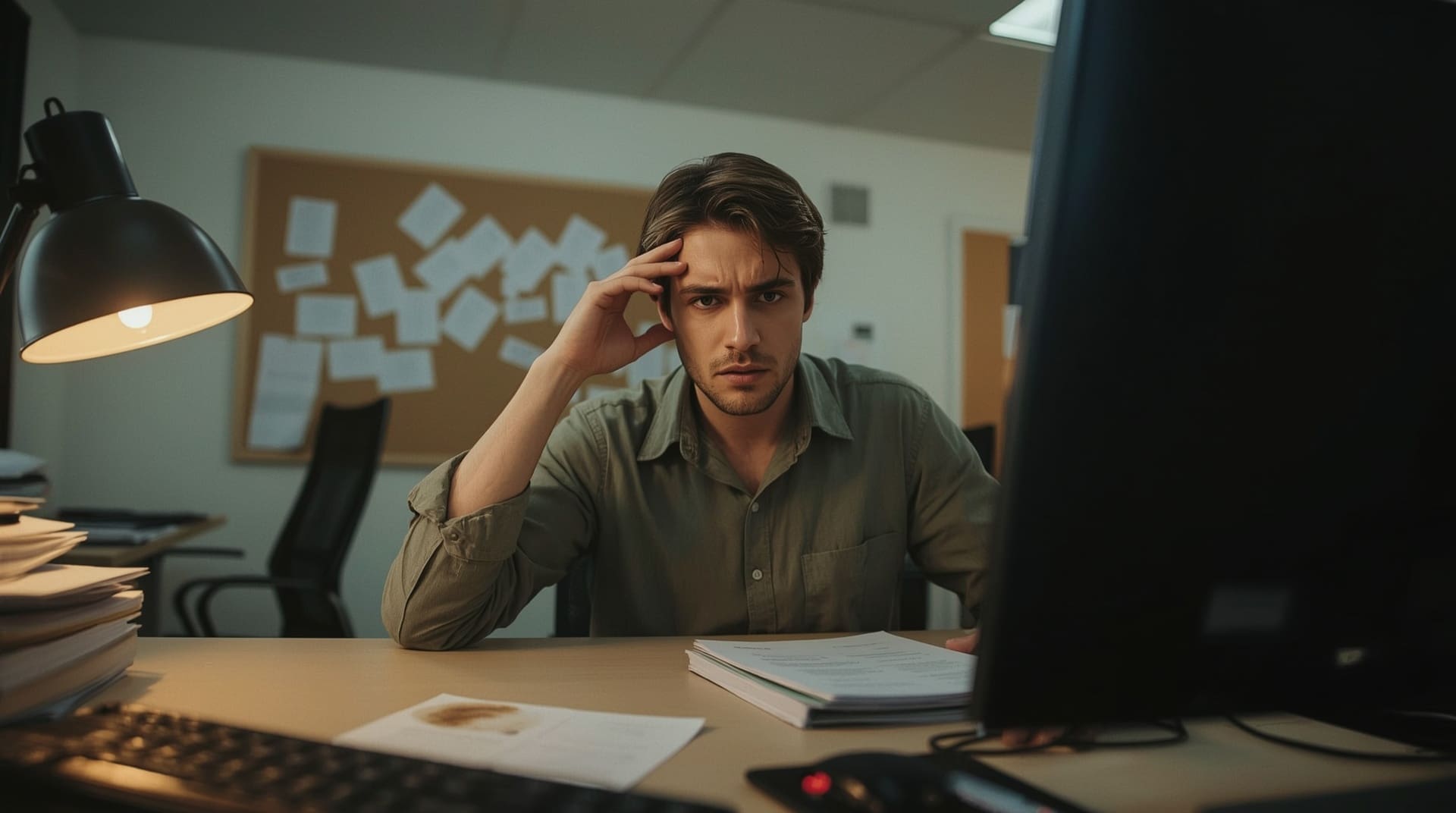 Frustrated nonprofit staff member at dark computer screen during IT system outage