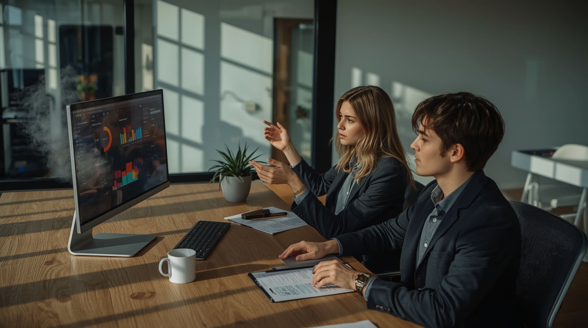 Managed IT partner and business owner reviewing vendor oversight dashboard together