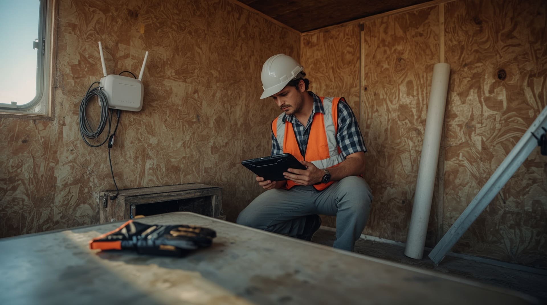Construction supervisor using rugged tablet with temporary network setup inside job site trailer