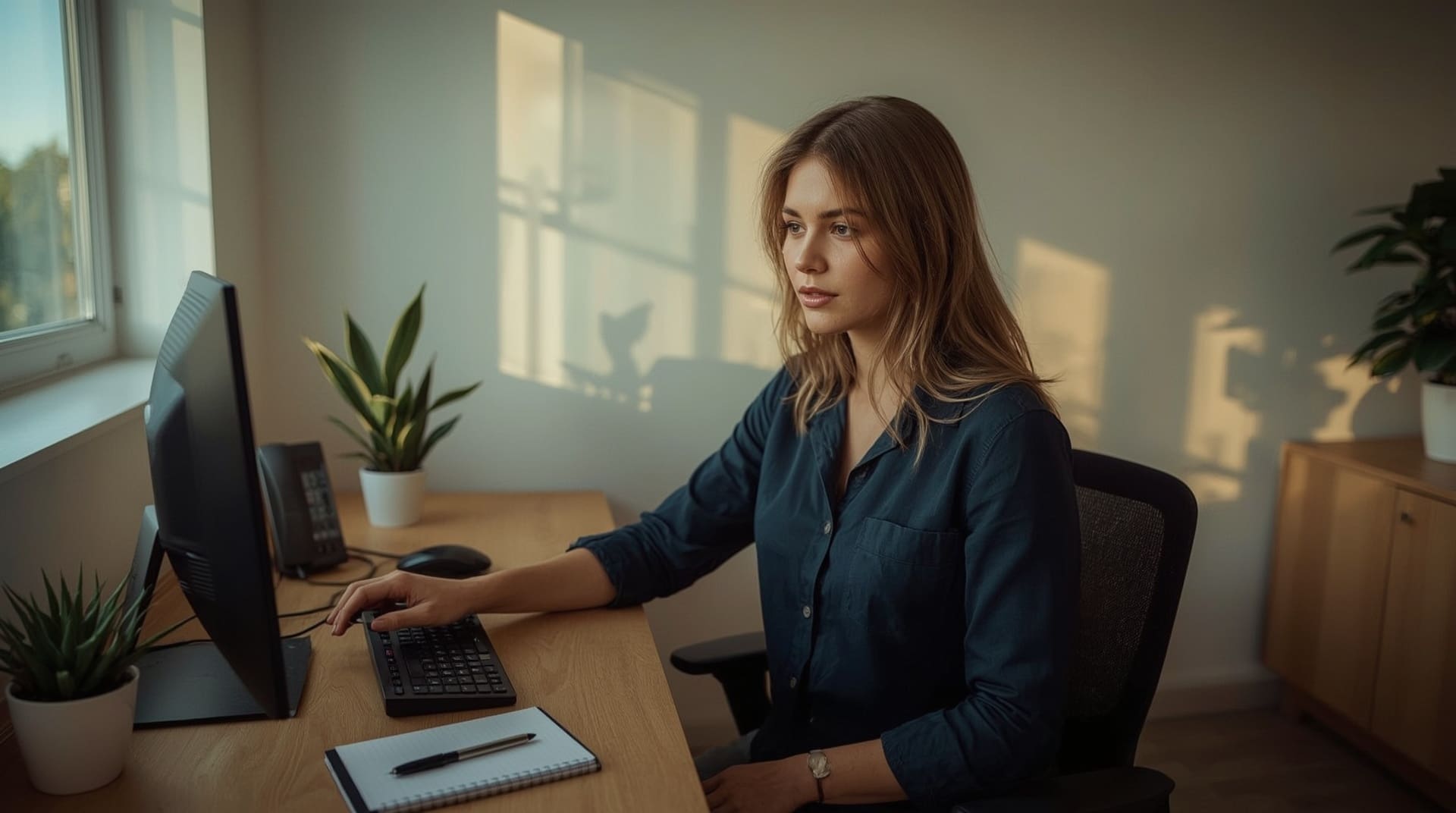 Customer service agent at desk managing incoming calls using modern VoIP phone system