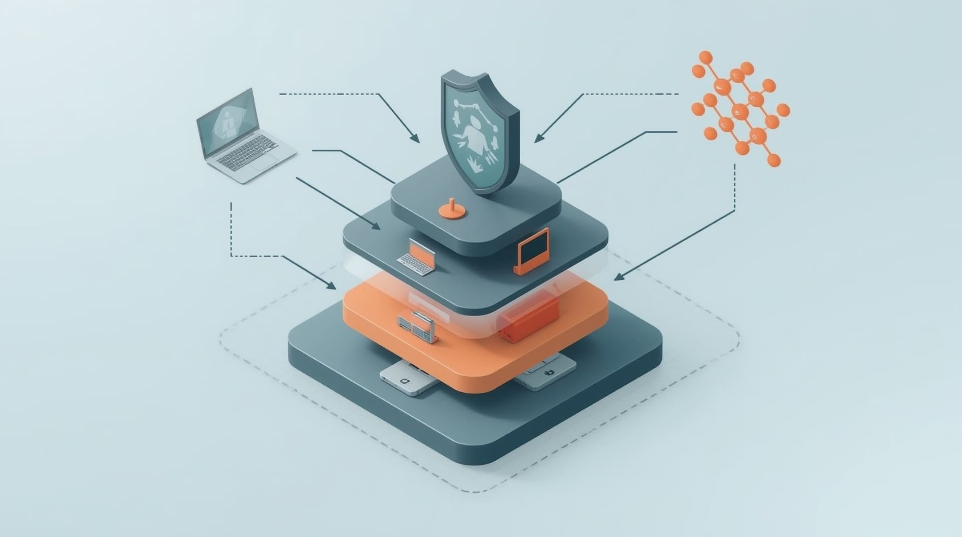 Cybersecurity protection concept showing monitored IT assets feeding into central shield