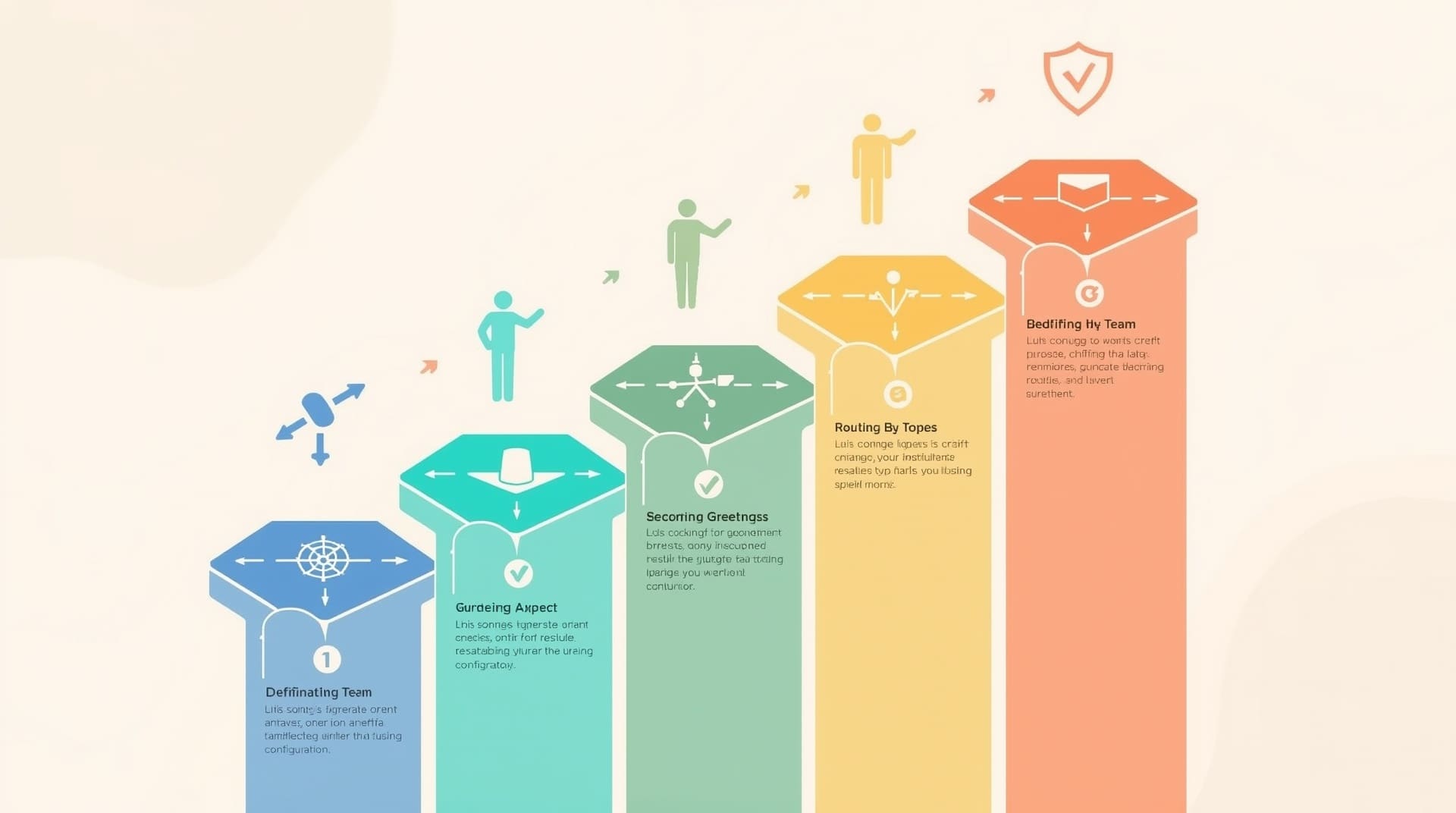 Five-step sequential infographic illustrating the process of setting up a VoIP call queue