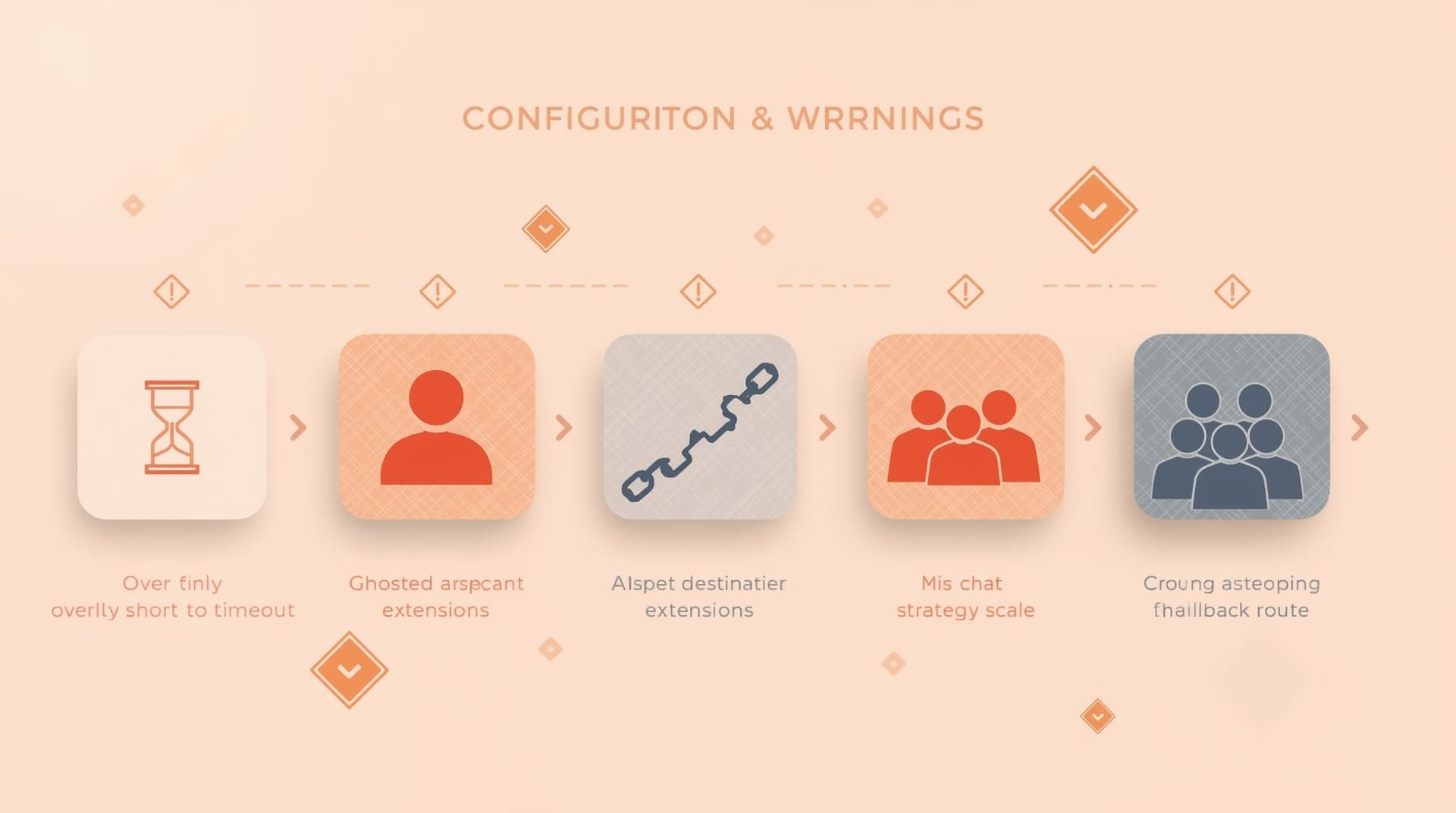 Hunt group configuration mistake concepts illustrated as four warning icon cards