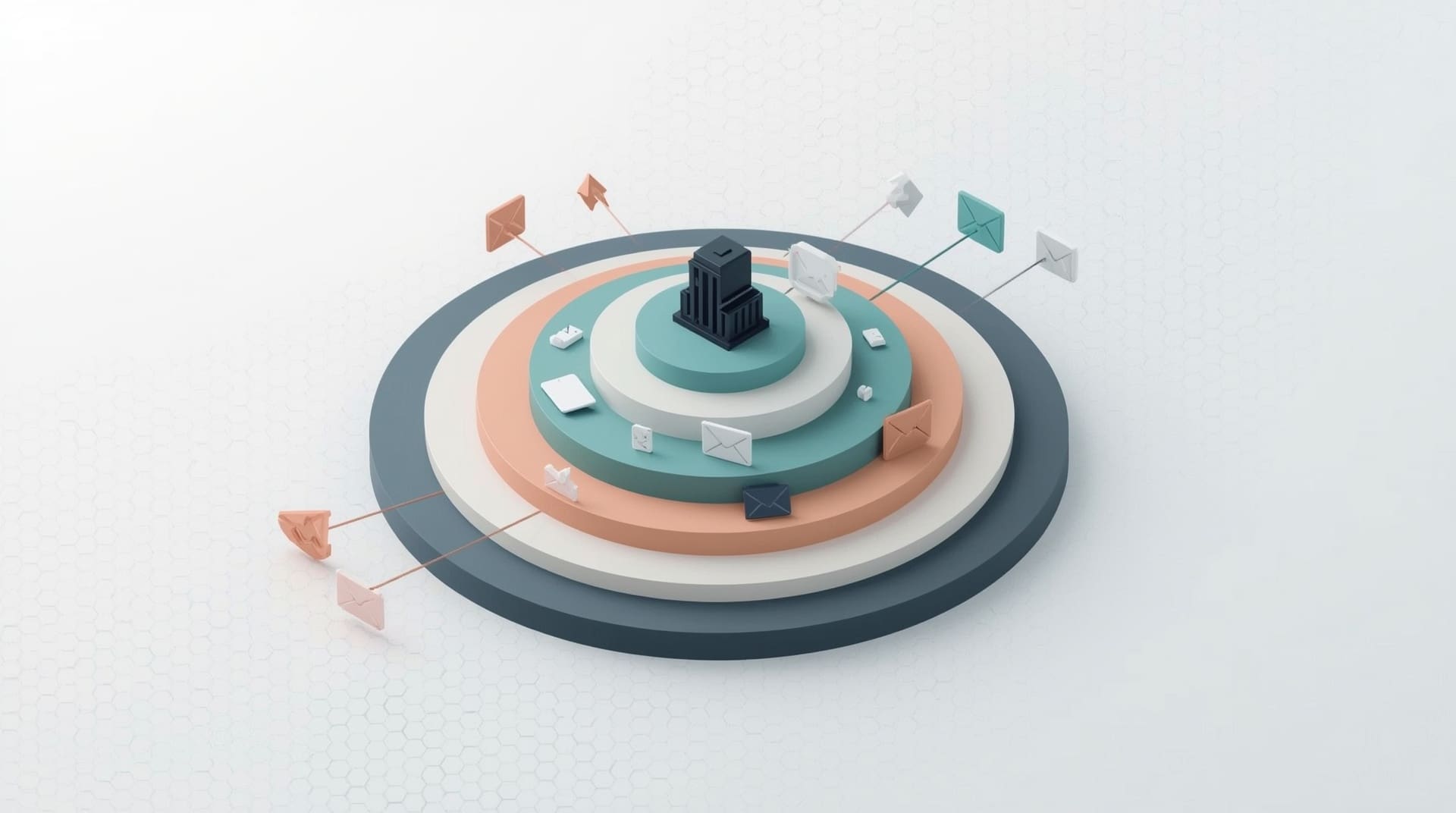 Isometric infographic showing layered cybersecurity defenses protecting a construction company