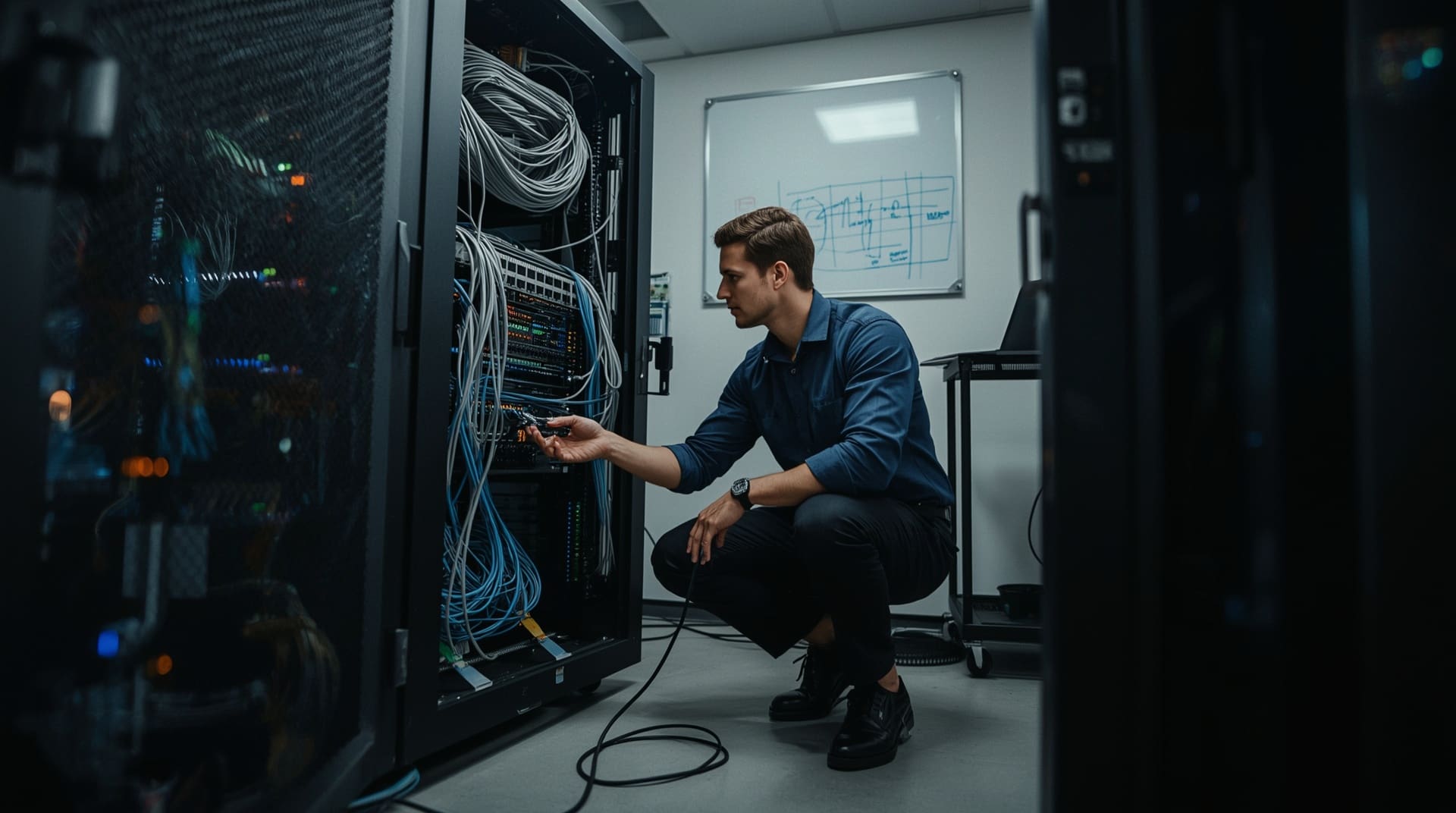 IT professional configuring network rack during business VoIP system migration setup