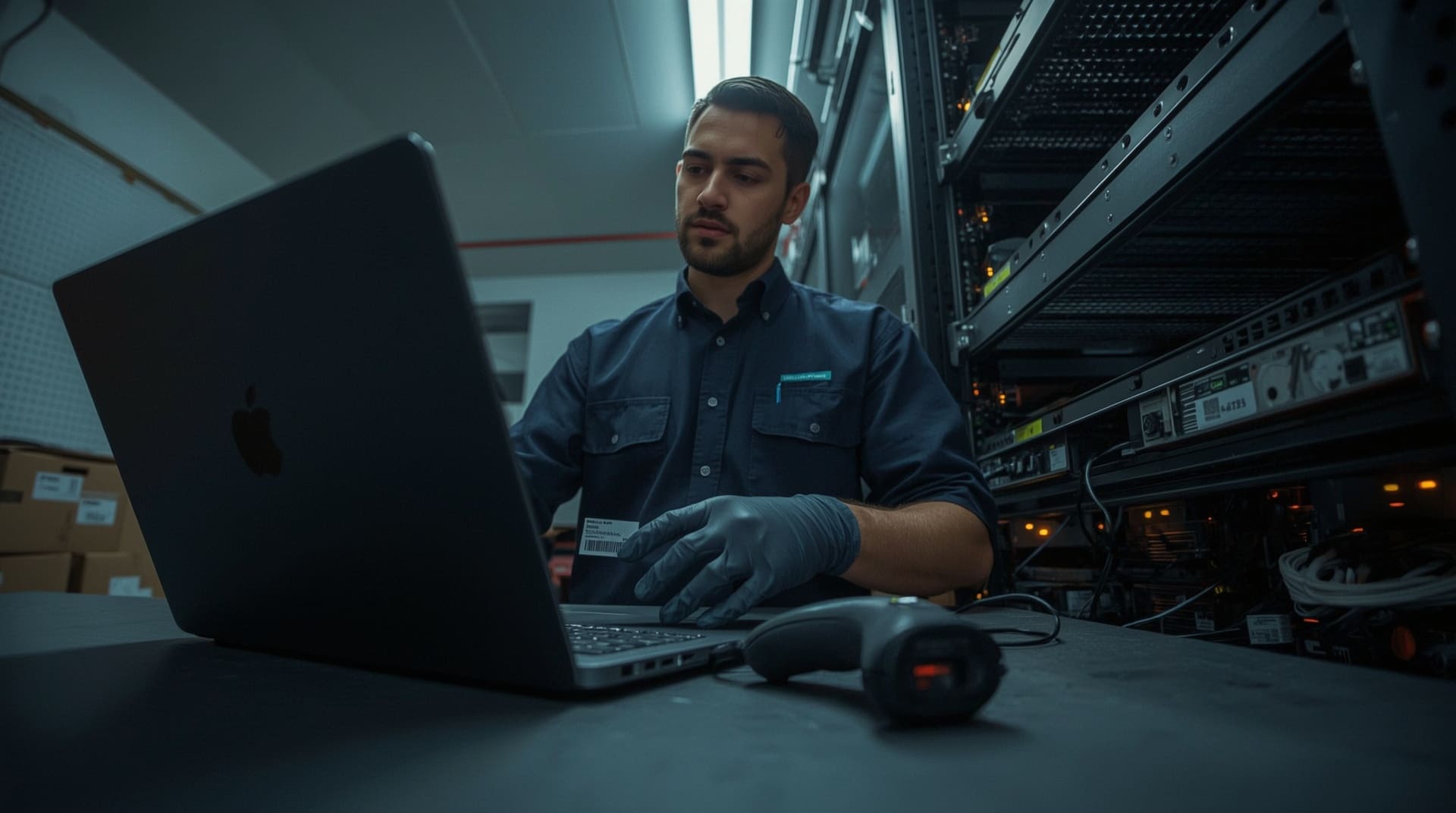 IT technician applying asset tracking barcode tag to laptop in server room