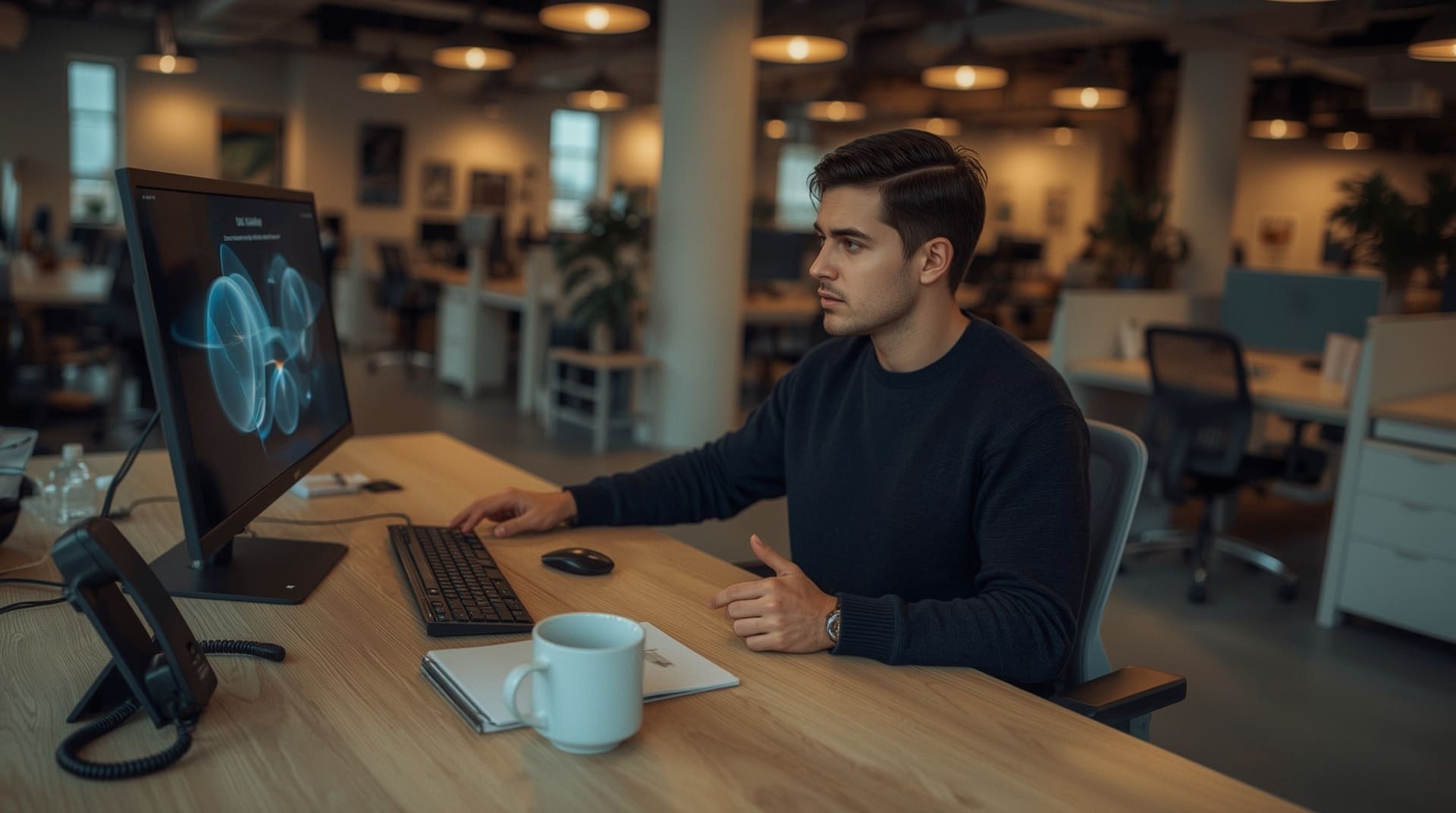 Office worker configuring VoIP hunt group settings at a modern workstation desk