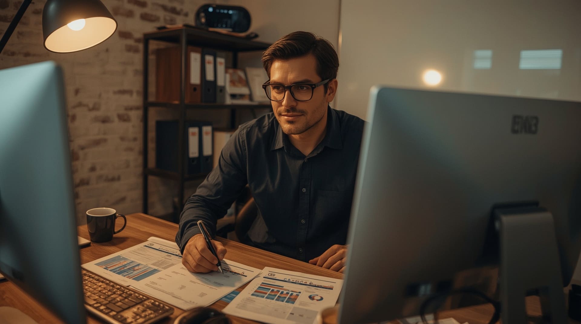 Small business owner auditing annual IT spending at cluttered office desk