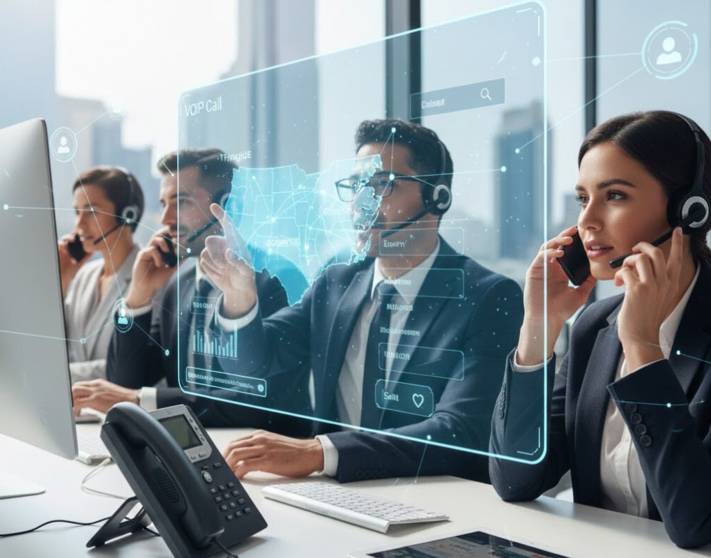 Business team on headsets using modern cloud-based VoIP solutions, showing call interface and devices for North Carolina offices and remote staff.