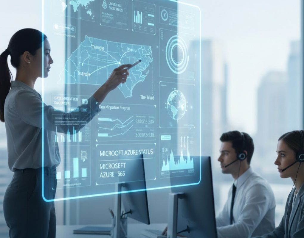 Cloud services dashboard showing metrics for secure Microsoft 365 and Azure management, with improved speed and control for North Carolina teams.