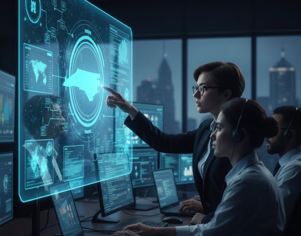 Local security team or dashboard showing ransomware defense, continuous monitoring, and security statistics for North Carolina businesses.