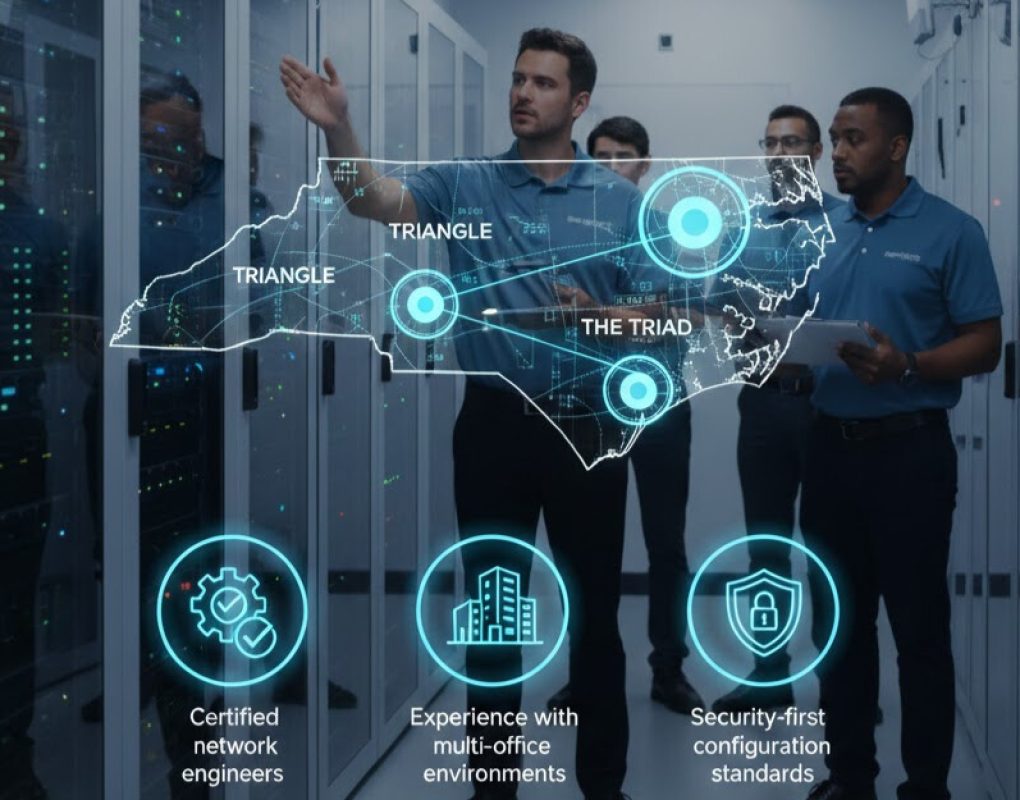 Network equipment racks and Wi-Fi access points, representing professional network management and security for North Carolina businesses.