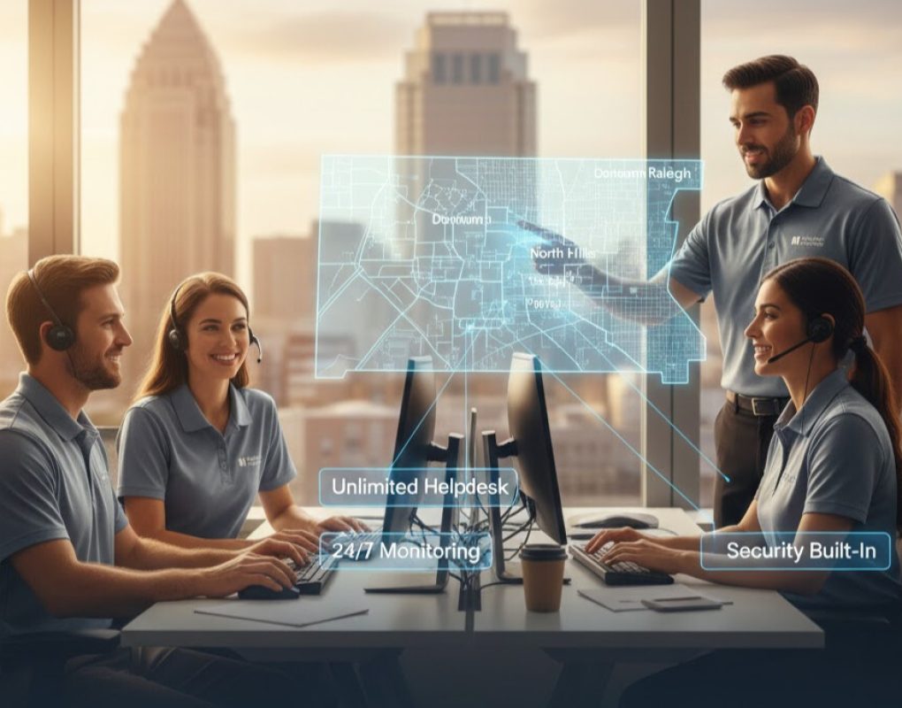 Modern Raleigh skyline or downtown office building, representing proactive Managed IT Services and cybersecurity support for growing businesses in the Raleigh area.